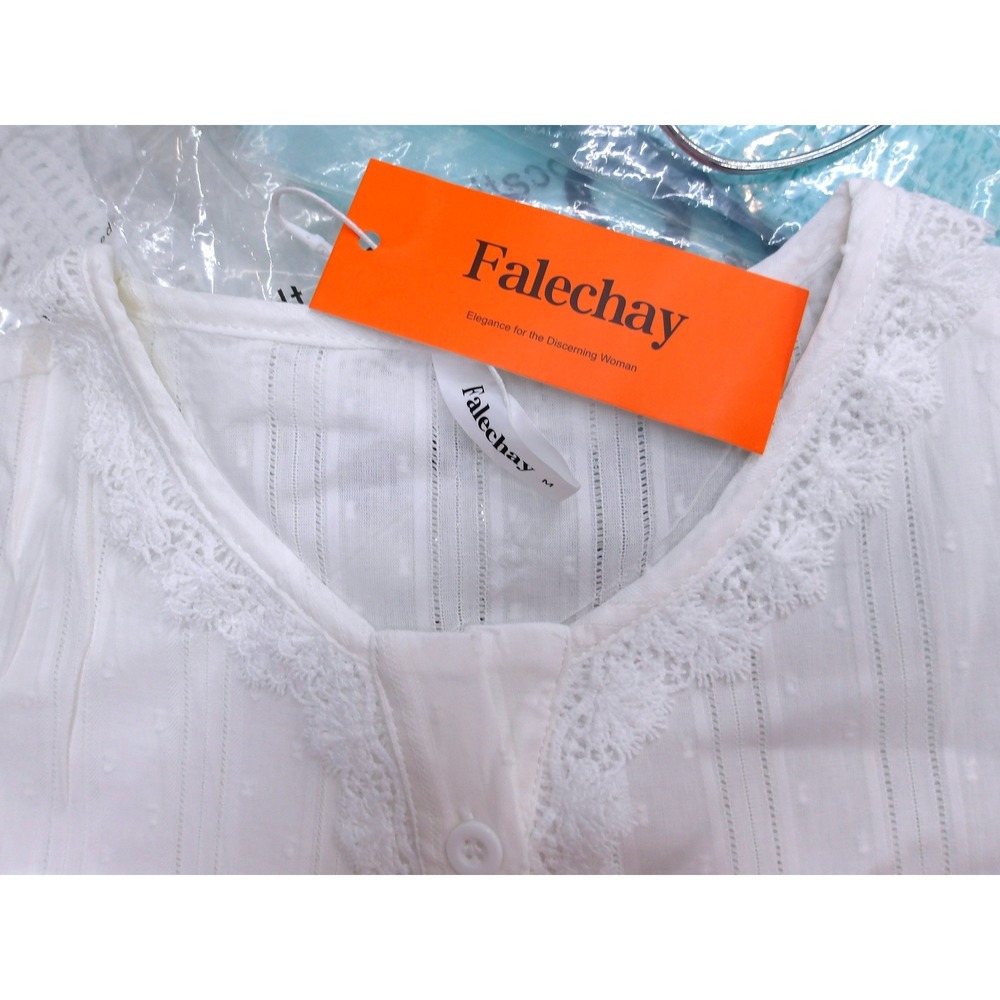 Falechay White Lace Trim Swiss Dot Blouse Short Puff Sleeve Rayon Top M/ #26336 - Picture 3 of 7